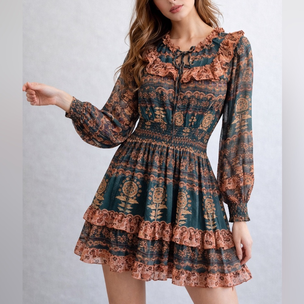 🆕 🌿 Aureum Boho Ruffle Mini Dress XS Teal & Rust Floral Print Smocked Romantic